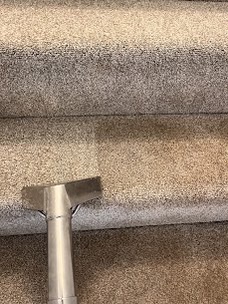 Professional stair carpet cleaning in progress